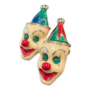 Vintage Double Clown Enamel Brooch – Red, Green & Blue – Rhinestone Eyes J18